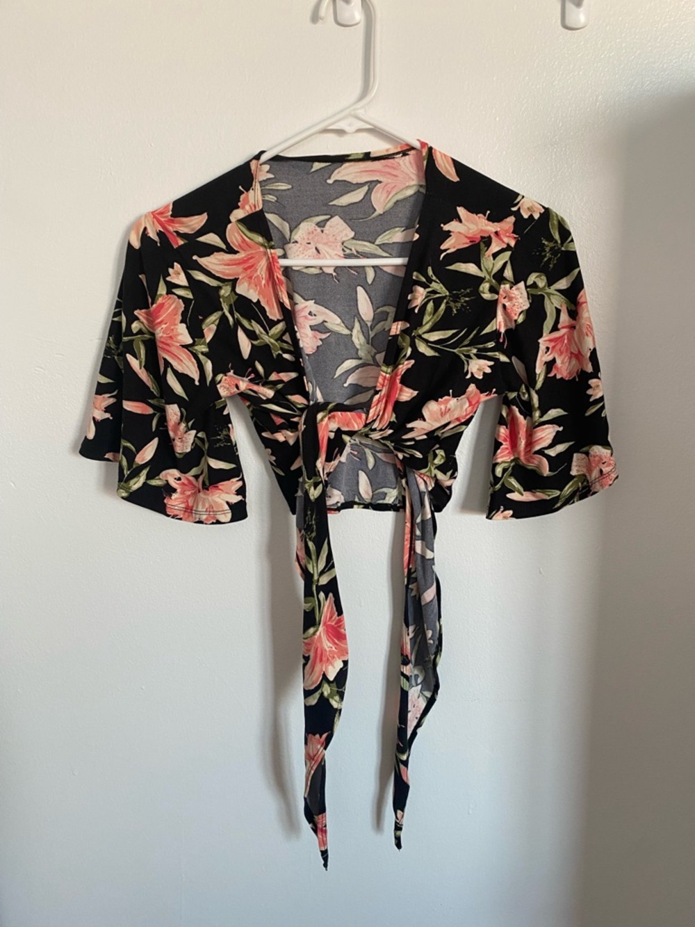 Black Floral Tie-Front Crop Top with Pink Lily Print